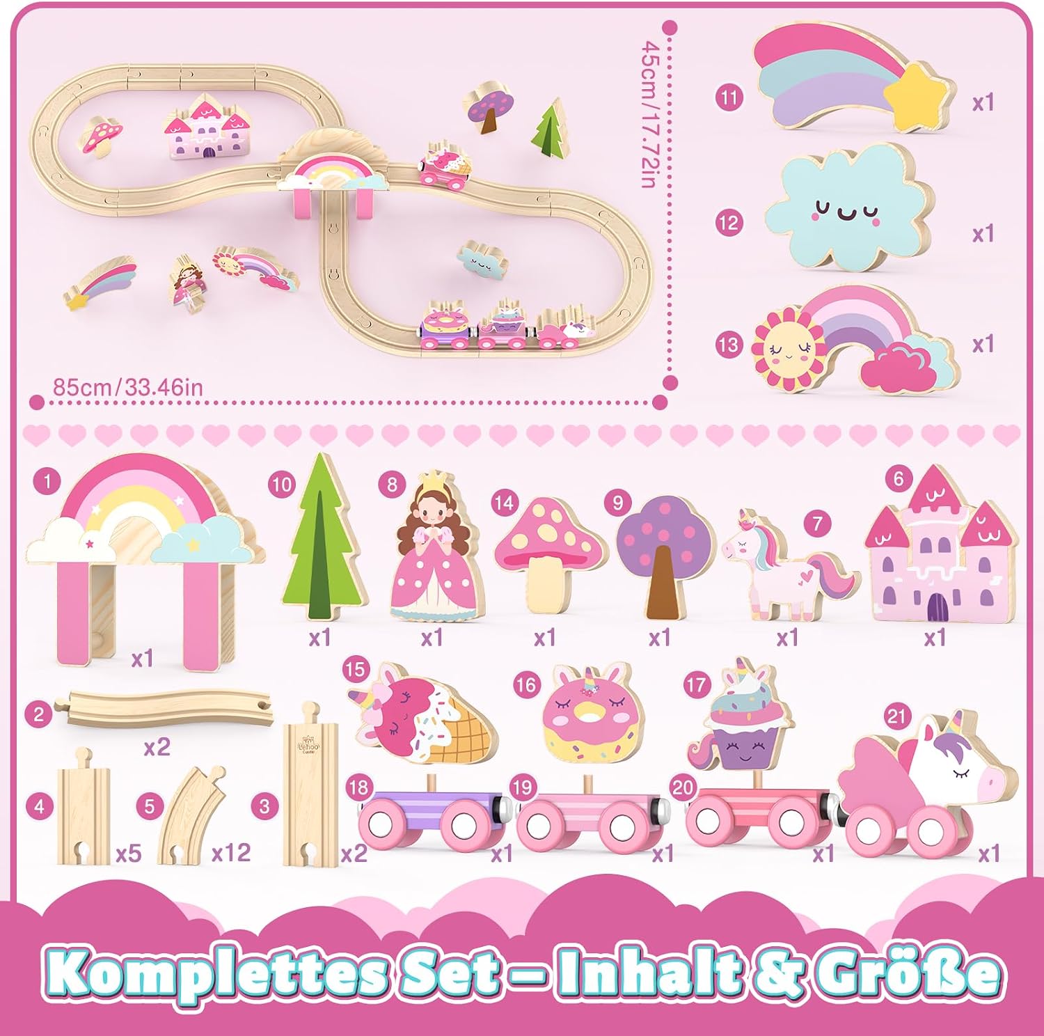 Thumbnail 6 de Lehoo Castle Holzeisenbahn für Mädchen – Einhorn-Feen-Holzeisenbahn, 38-teiliges Set ab 3 Jahren (rosa)