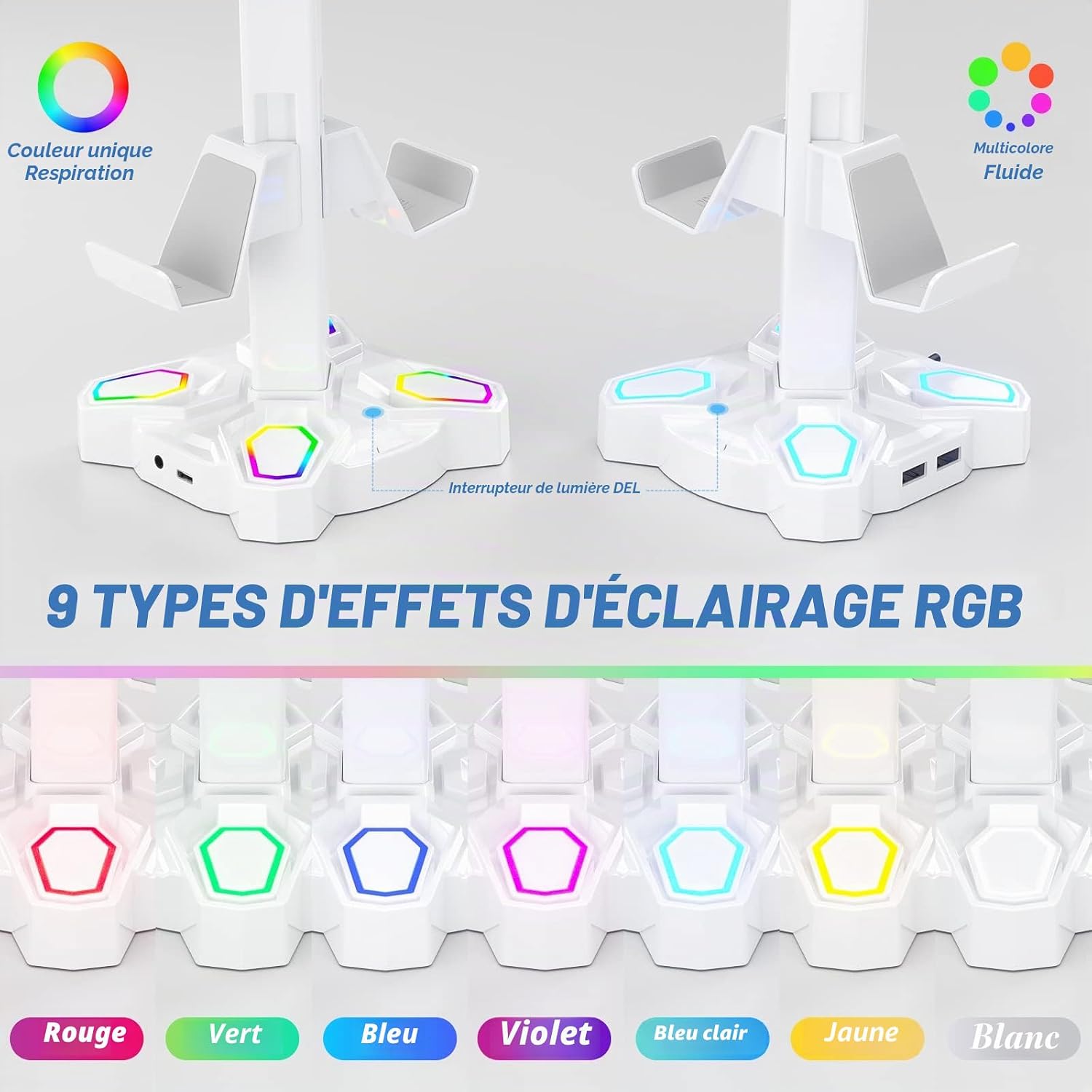 Thumbnail 2 de KDD Support Casque Gamer – Porte-casque rotatif avec 9 modes lumineux et station pour manettes (USB, 3,5 mm et Type-C) – Blanc