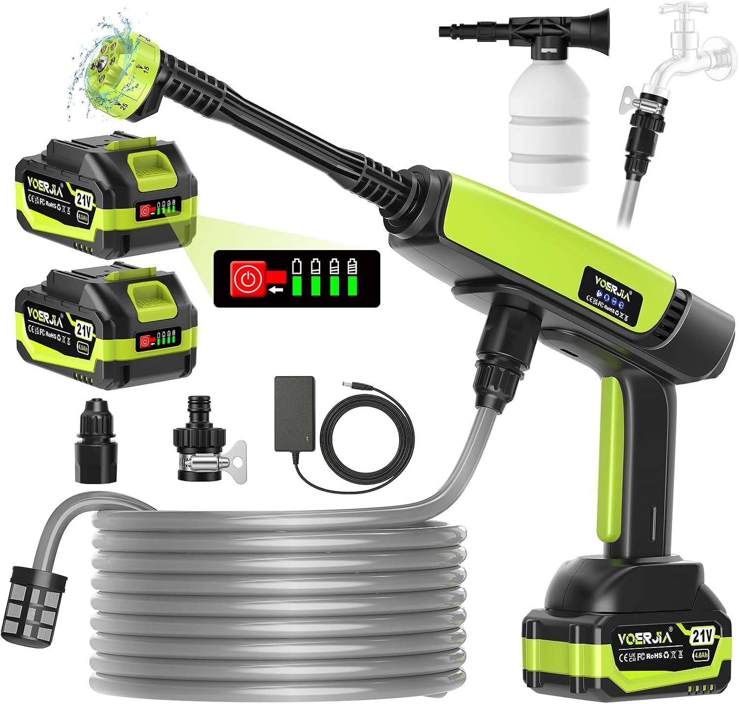 Detalle de VOERJIA 21V Cordless Pressure Washer with LED Battery Display (Up to 1000 PSI) & 6-in-1 Nozzle