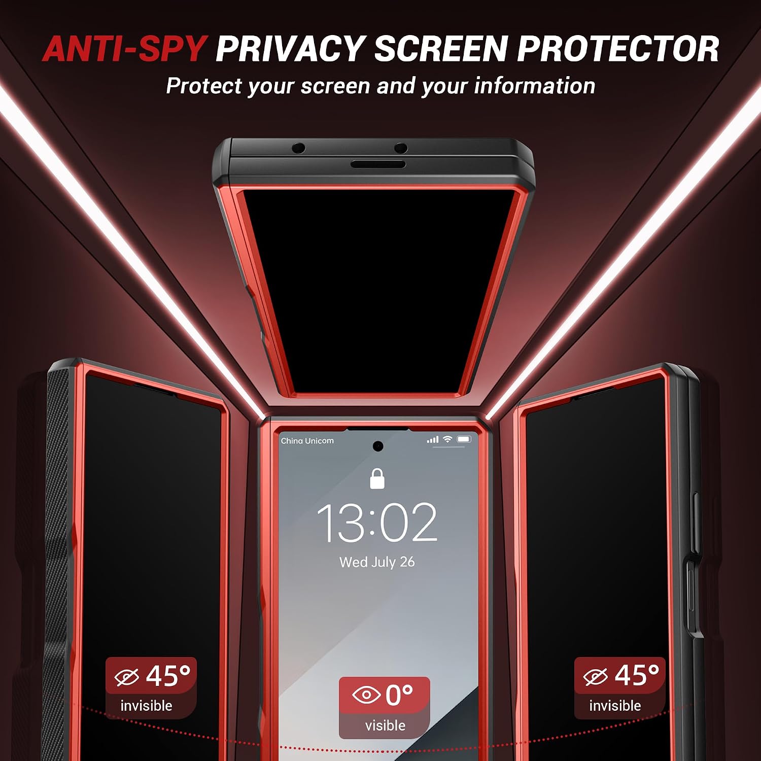 Detalle de Tongate Z Fold 7 Magnetic Case Red、360°回転スタンド・覗き見防止ガラス付きケース