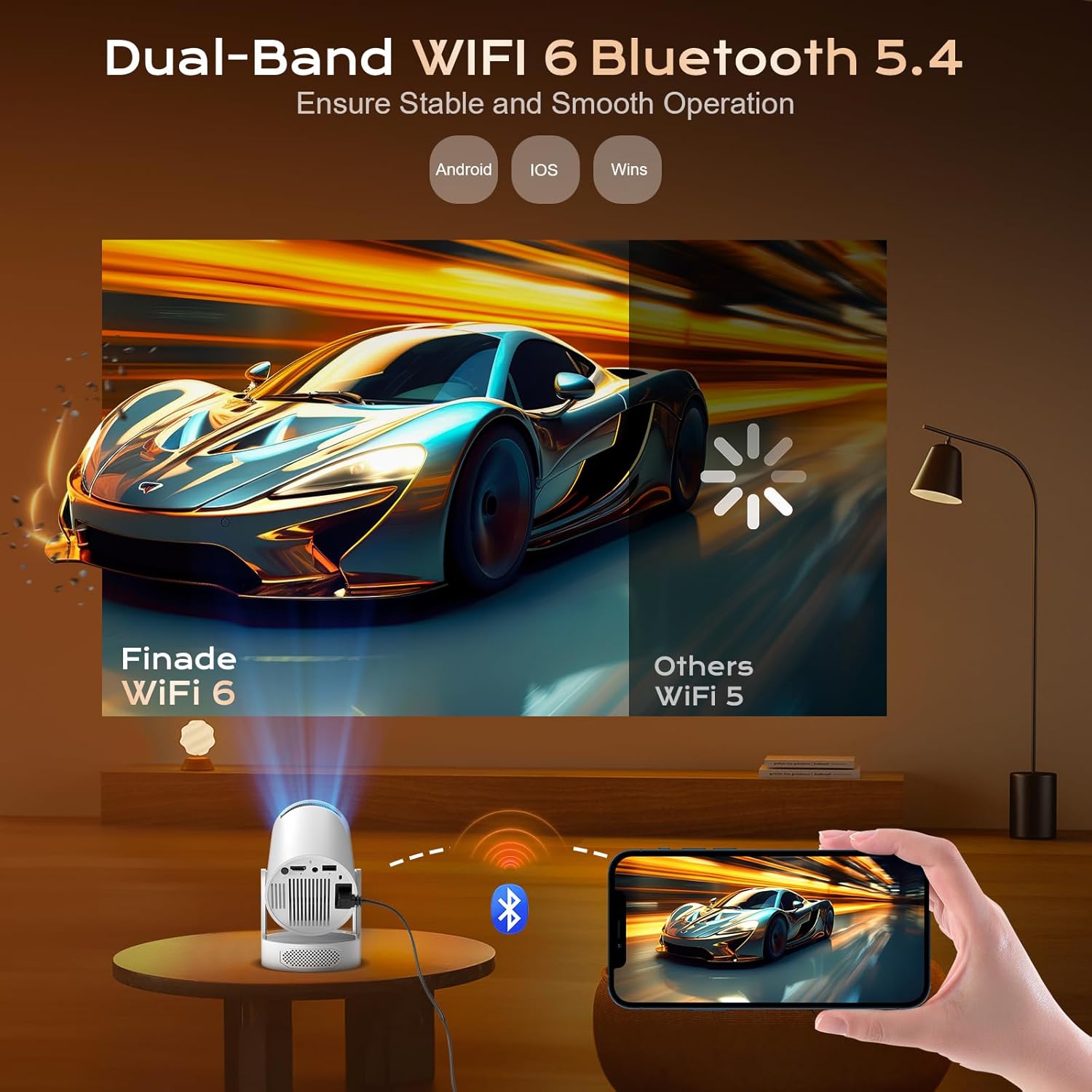 Detalle 2 de Mini Beamer 4K/1080p – Tragbarer Android-Beamer mit WLAN 6, Bluetooth 5.4 und 270° Drehsockel