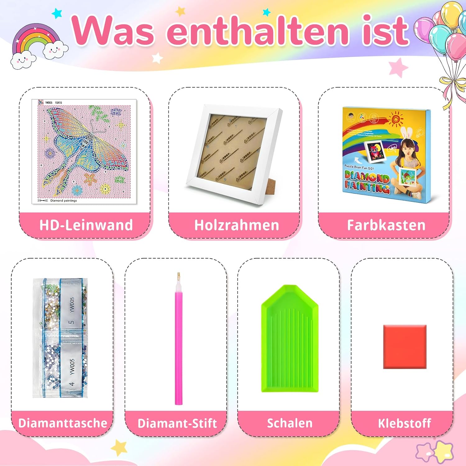 Detalle de jieyisier Motte Luna Diamond Painting 15x15 cm mit Holzrahmen – Bunte Schmetterlinge, Anfängerfreundlich