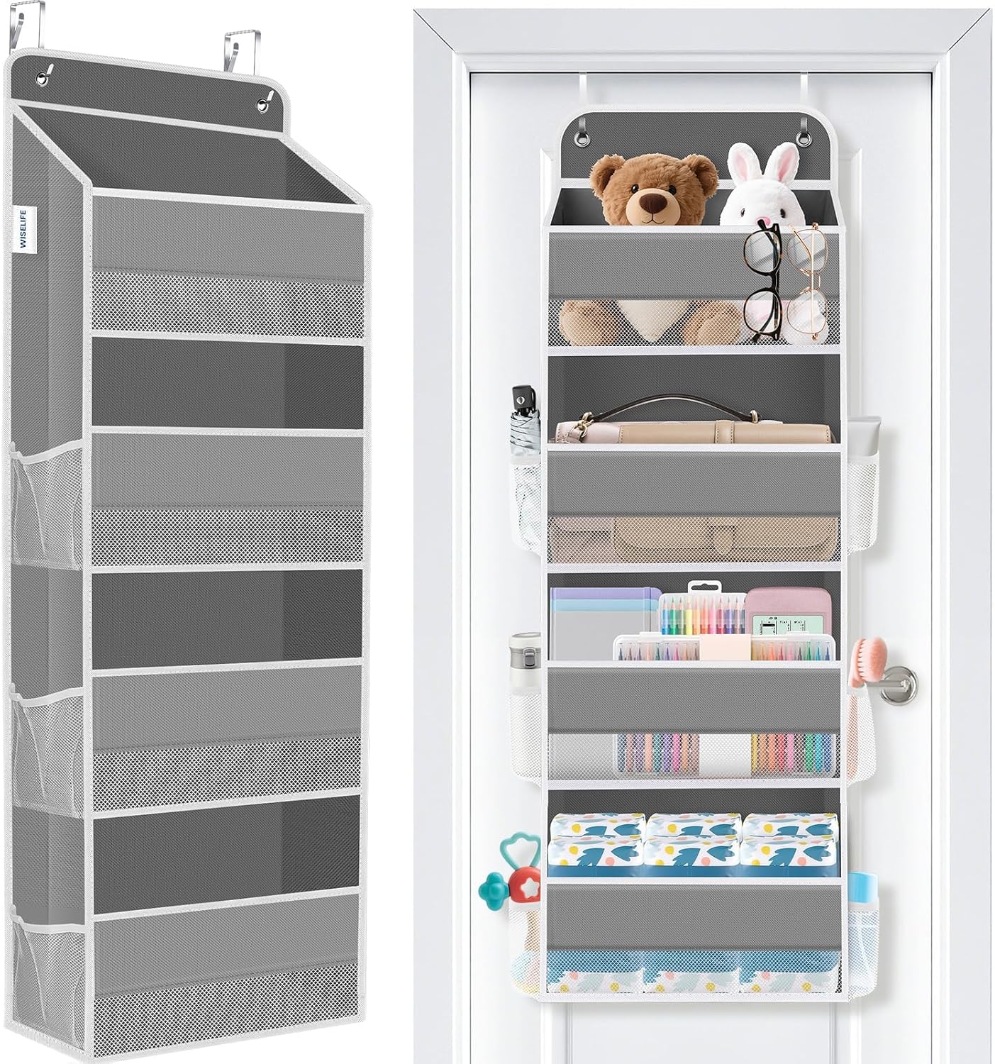 Detalle de WISELIFE Over-the-Door Organizer with 4 Shelves, Mesh Pockets and 40 lb Capacity