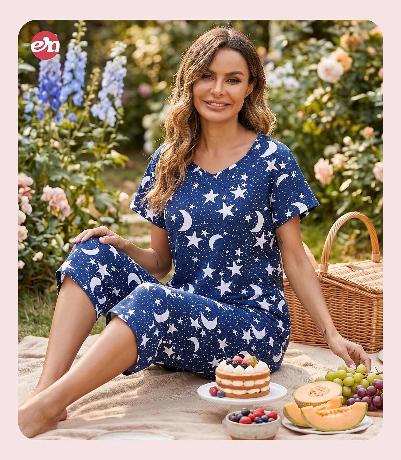 Detalle de ENJOYNIGHT Women’s Cotton Pajama Set (Short-Sleeve V-Neck Top + Capri Pants)
