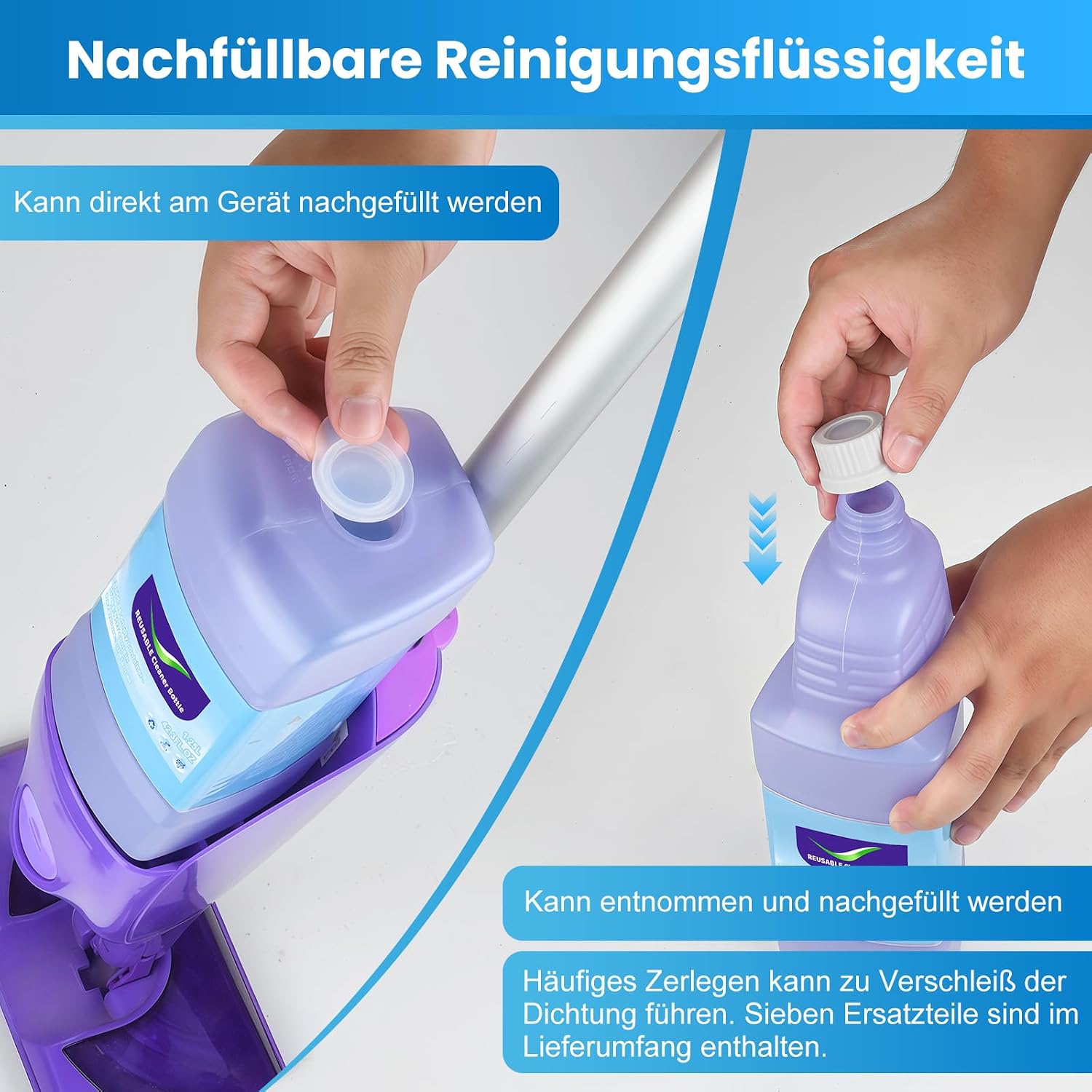 Detalle 2 de 1,25 L Ersatzflasche für Swiffer WetJet Spray Mop – nachfüllbar, auslaufsicher, BPA-frei