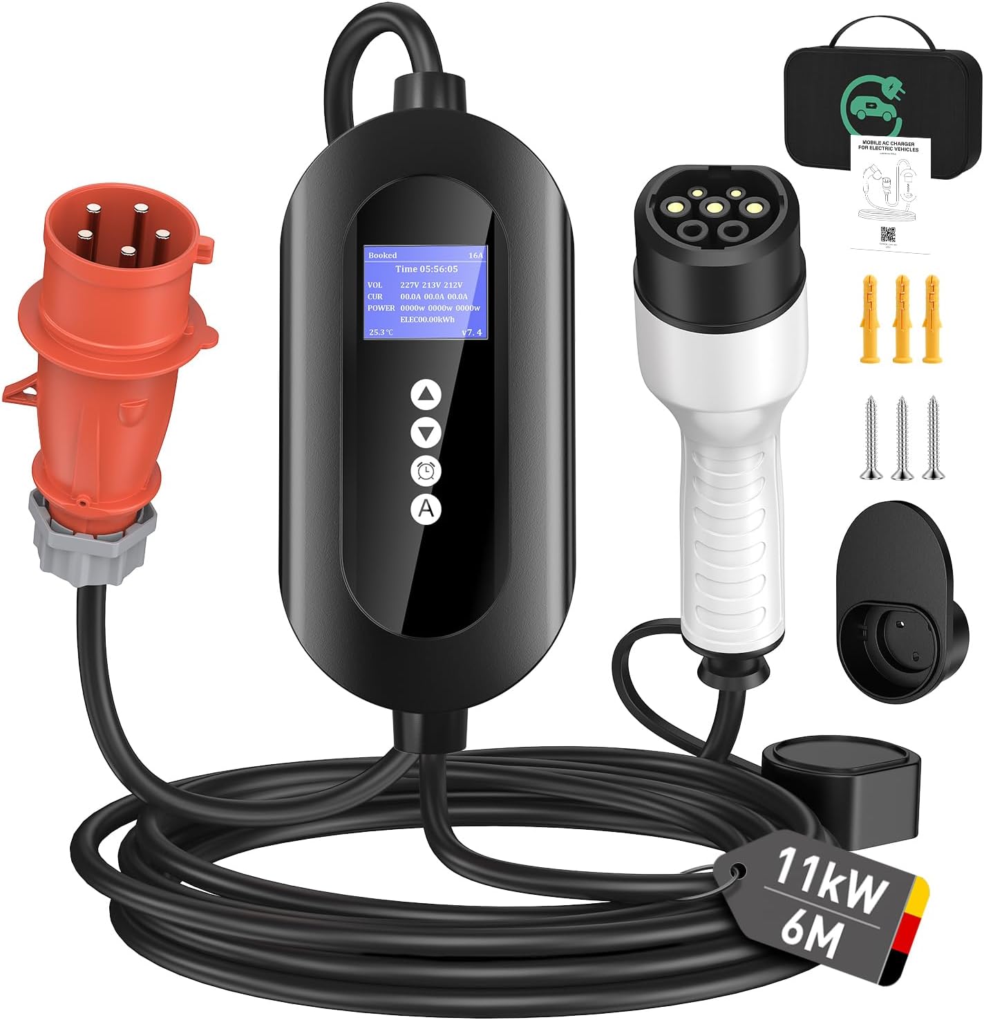 Detalle de FNITAER Mobile Wallbox 11 kW mit CEE 16A Stecker (3-phasig) – Typ-2 Kabel 6 m, Zähler & Timer, Schwarz