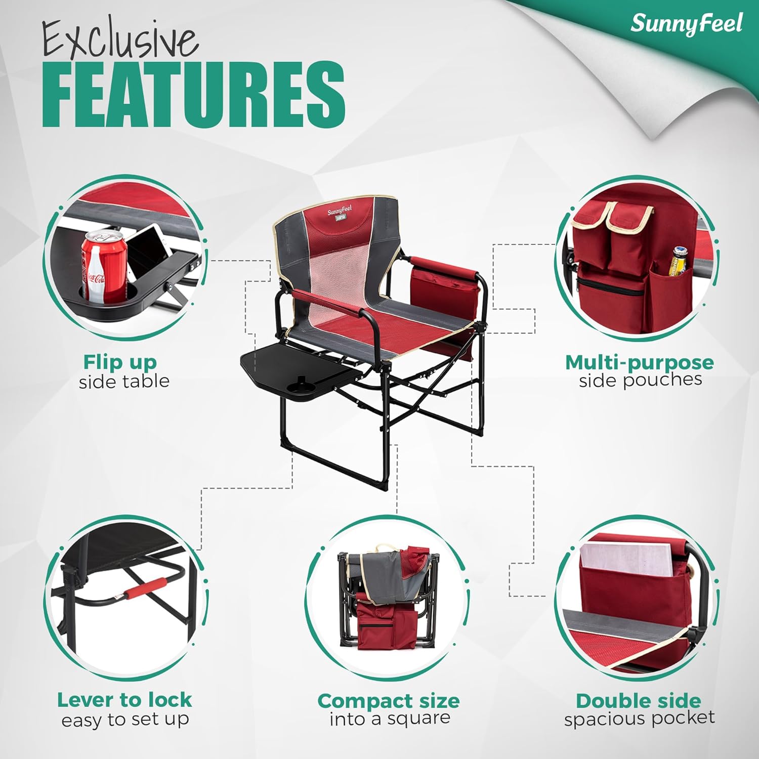 Thumbnail 6 de SUNNYFEEL Camping Director Chair with Side Table — Heavy-Duty Foldable Chair for Outdoors
