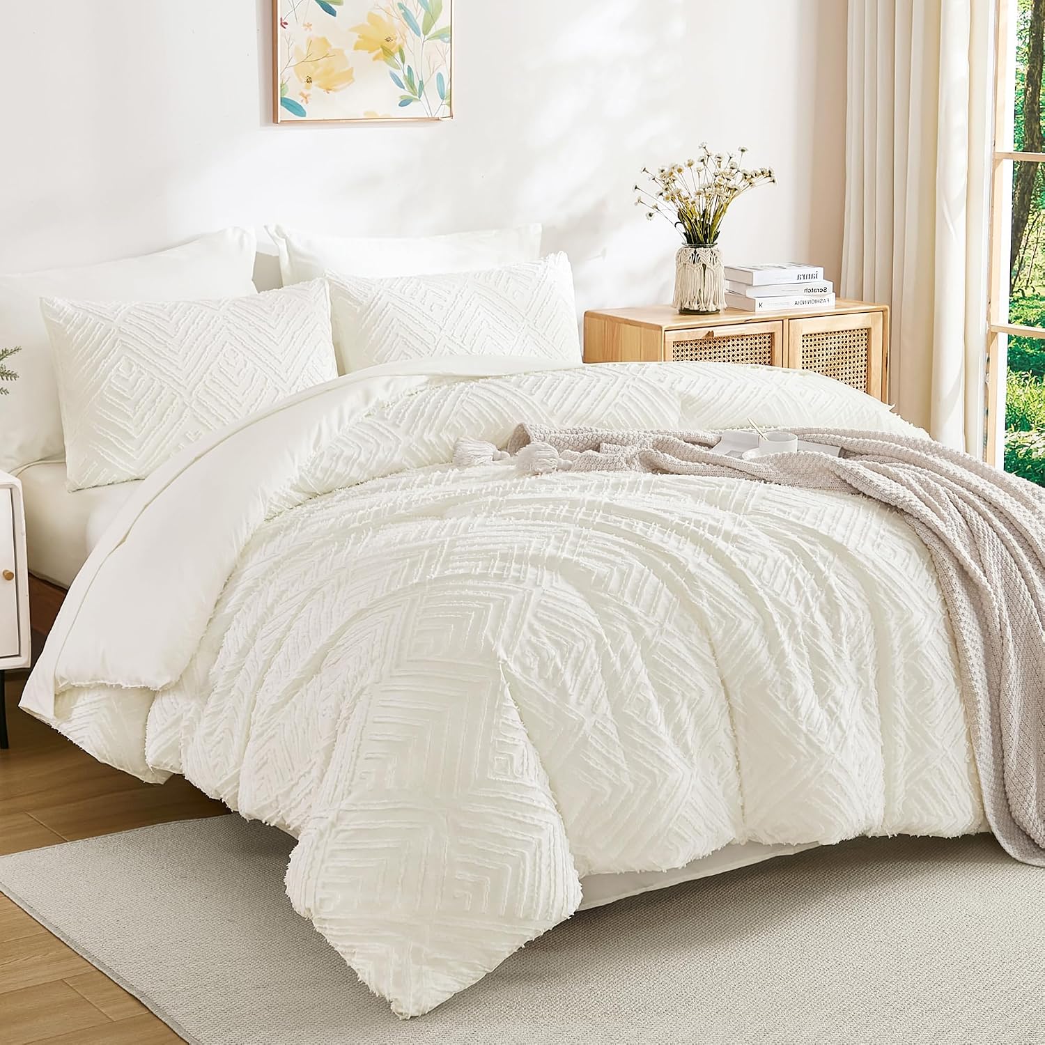 Detalle de Andency Oversized King Comforter Set (7-Piece) in Ivory Boho Tufted Bedding “Bed in a Bag”