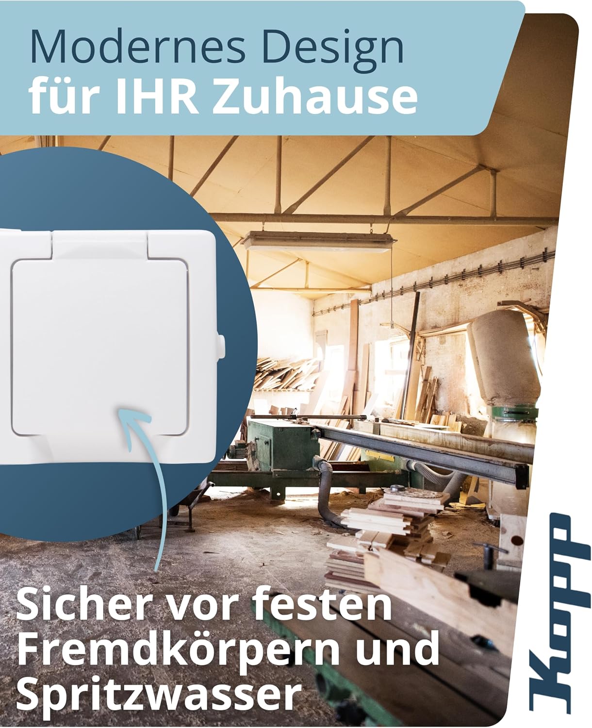 Detalle de Kopp NAUTIC 2-fach Schutzkontakt-Steckdose mit Klappdeckel in Arktis-Weiß – IP44 Aufputz, 16 A, 250 V