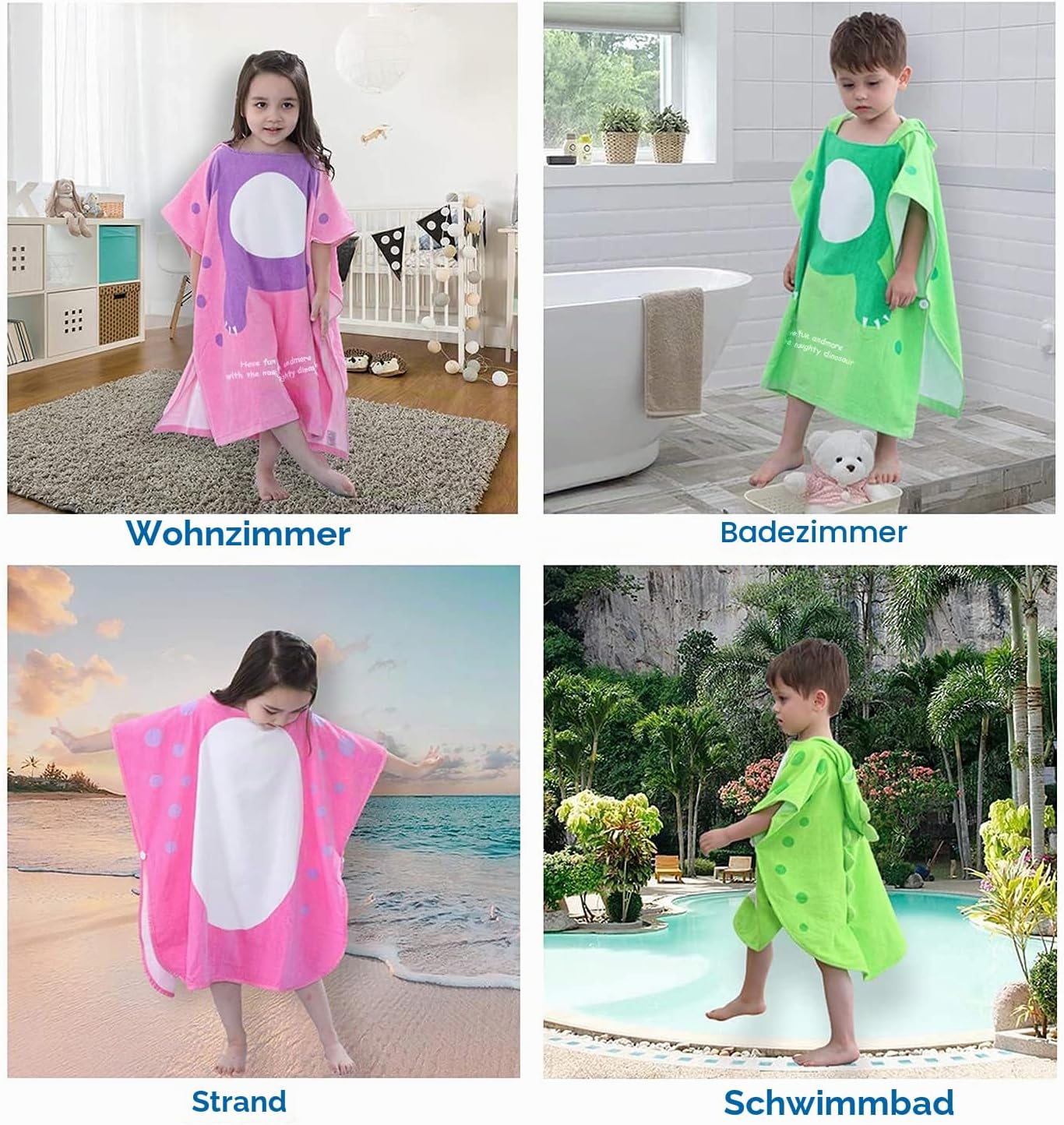 Detalle 2 de LOLANTA Kinder Badeponcho Dinosaurier mit Kapuze, Grün B (5–7 Jahre) – 100% Baumwolle