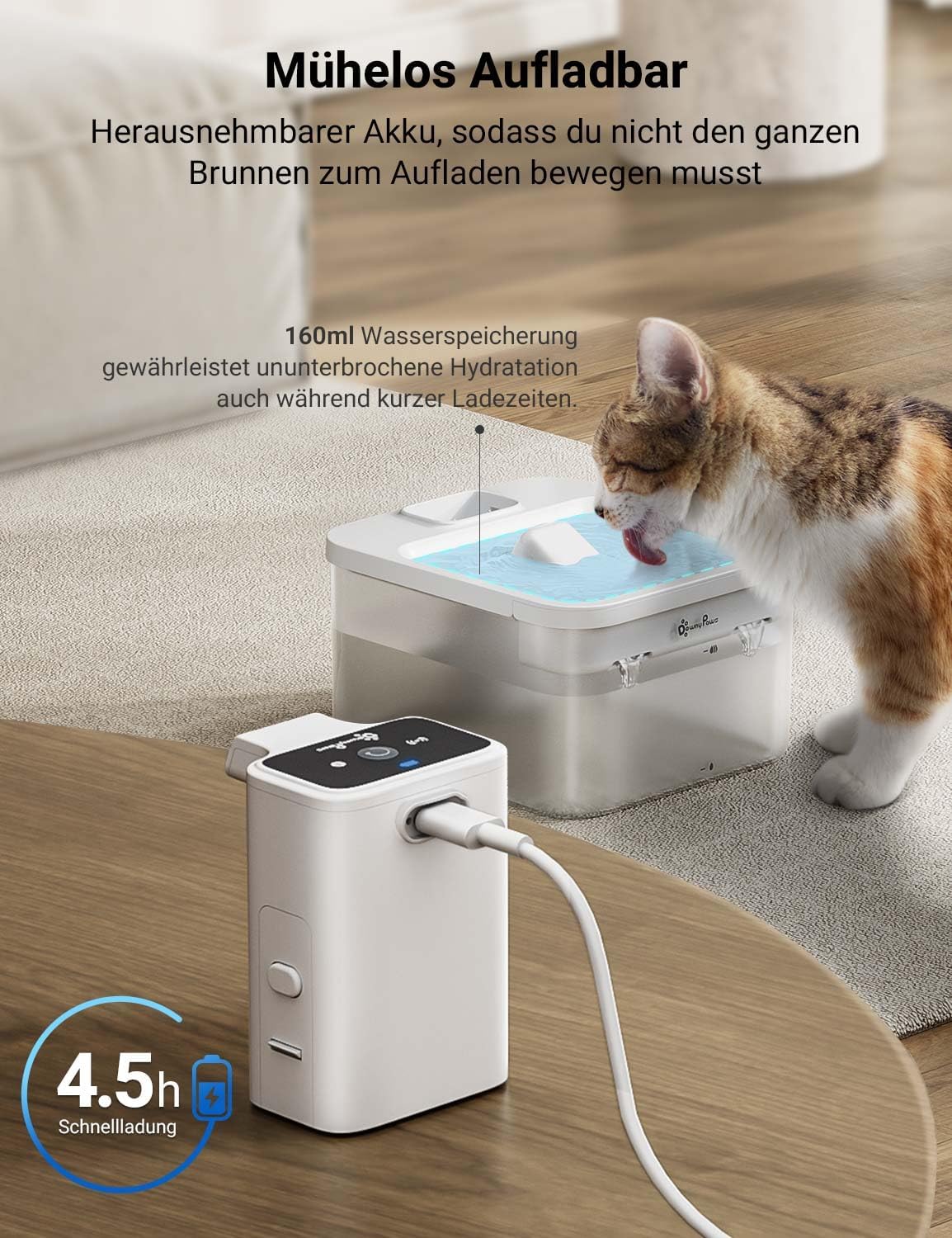 Thumbnail 4 de DownyPaws Katzenbrunnen kabellos mit Bewegungsmelder, 2,5 l, batteriebetrieben (4000 mAh) – weiß