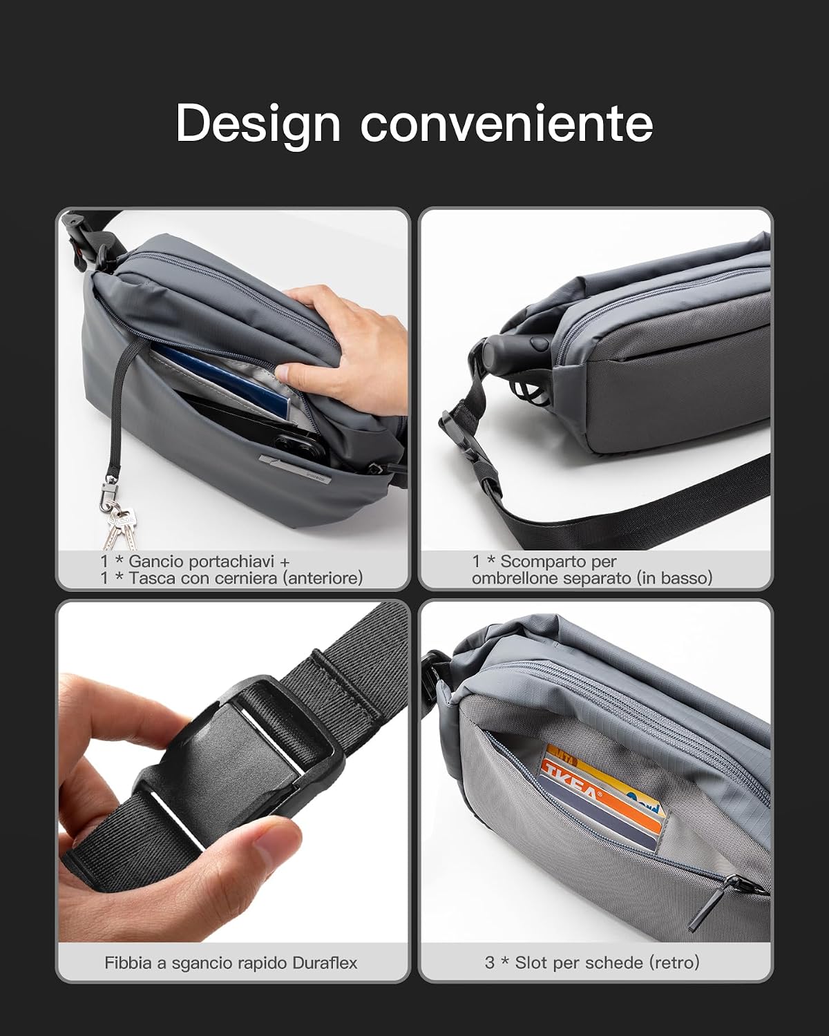 Thumbnail 4 de Inateck Borsa a tracolla X da 4 L impermeabile con scomparto per elettronica, grigio scuro (L)