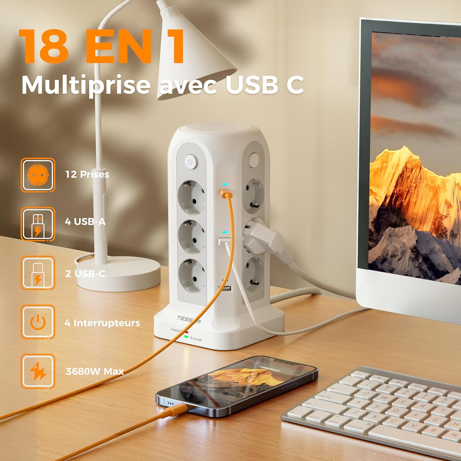 Thumbnail 1 de TESSAN Tour Multiprise avec Interrupteur: 6 USB (4A2C) + 12 prises, rallonge 5m, parafoudre — bureau et maison