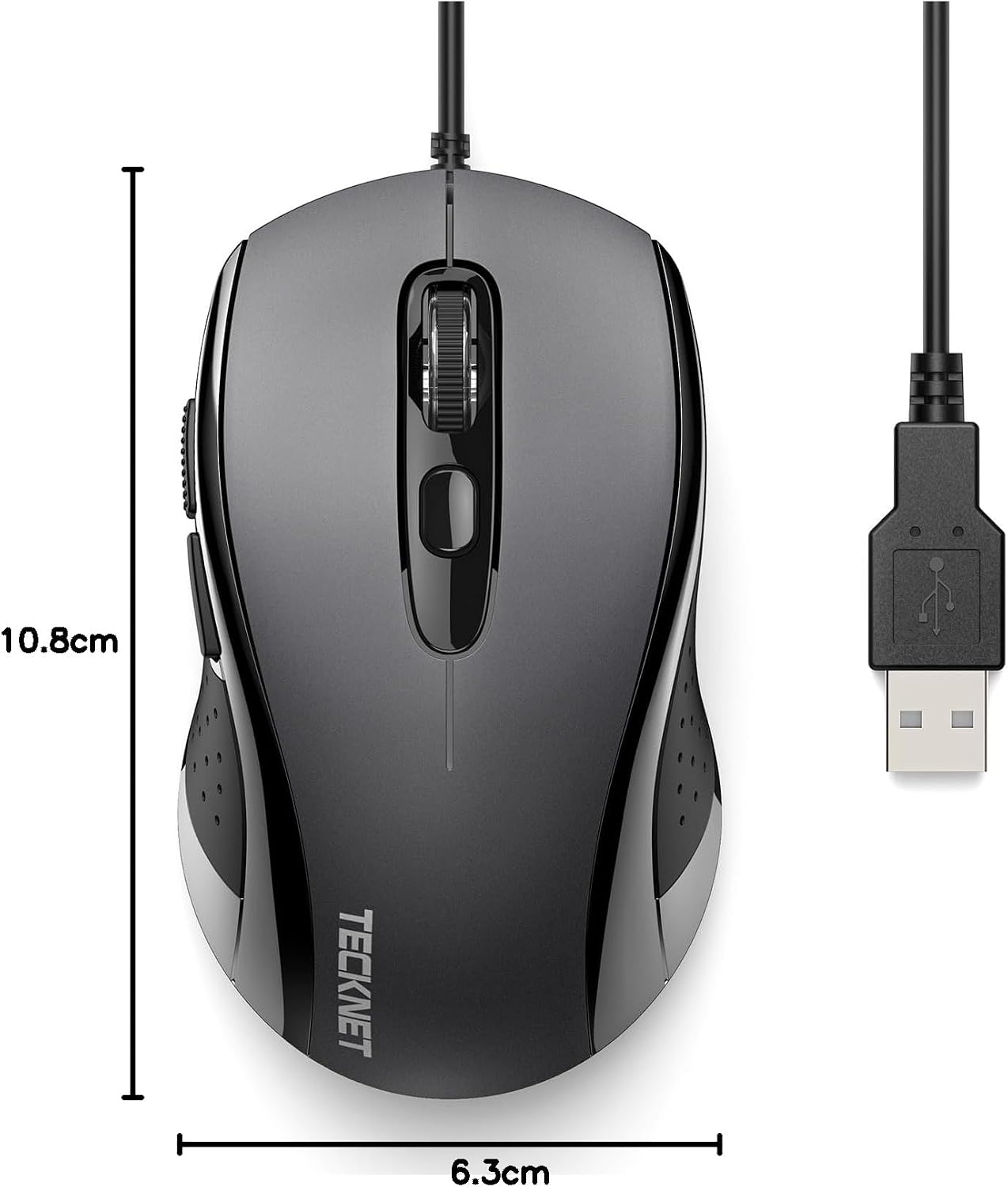 Detalle 2 de TECKNET Wired Optical USB Mouse (Grey) – 3600 DPI, 6 Buttons, for Office, PC & Laptop