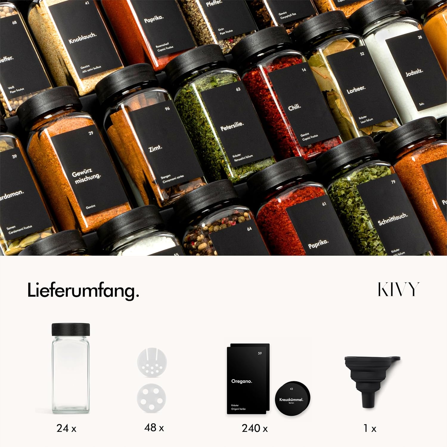 Detalle de KIVY Gewürzgläser 24×120 ml – Gewürzstreuer Glas 🧂