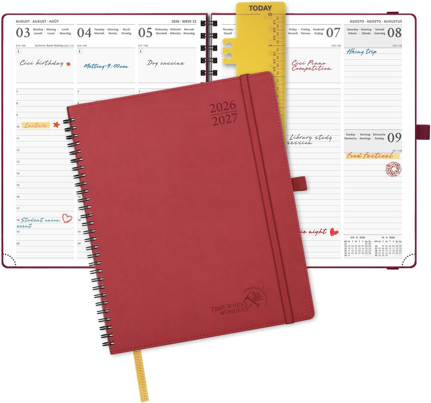 POPRUN Academic Diary 2026-2027: Week to View Large (Aug 2026–Dec 2027) Burgundy