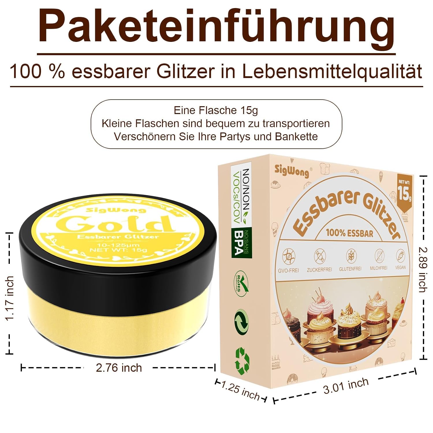 Thumbnail 5 de SigWong Essbarer Glitzerpulver Gold, 15 g – Glänzende Dekoration für Getränke, Kuchen und Cupcakes