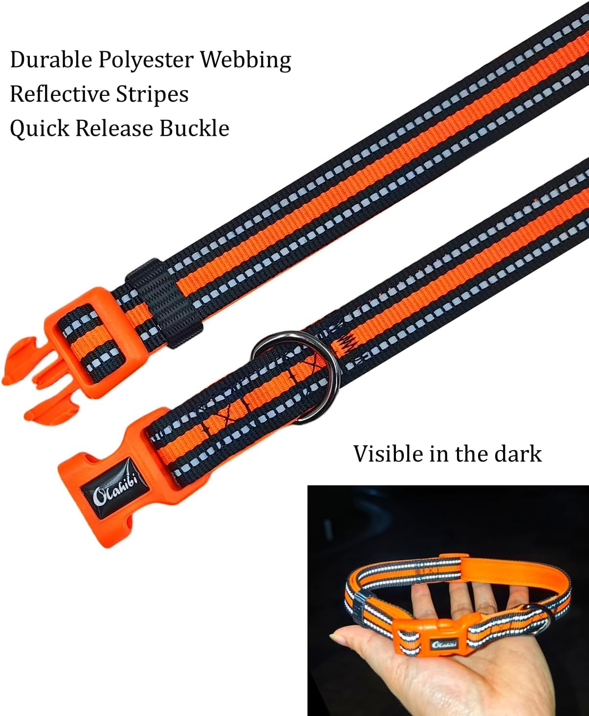 Thumbnail 3 de Olahibi Neoprene Padded Dog Collar – Large, Orange, Reflective Stripes