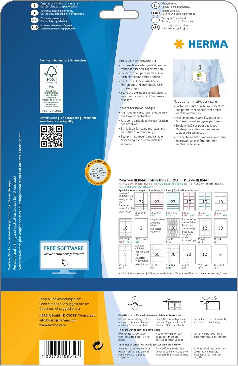 Thumbnail 1 de HERMA 9012 Lot de 200 recharges pour badges nominatifs (8 étiquettes par feuille A4, 25 feuilles, 90 × 60 mm)