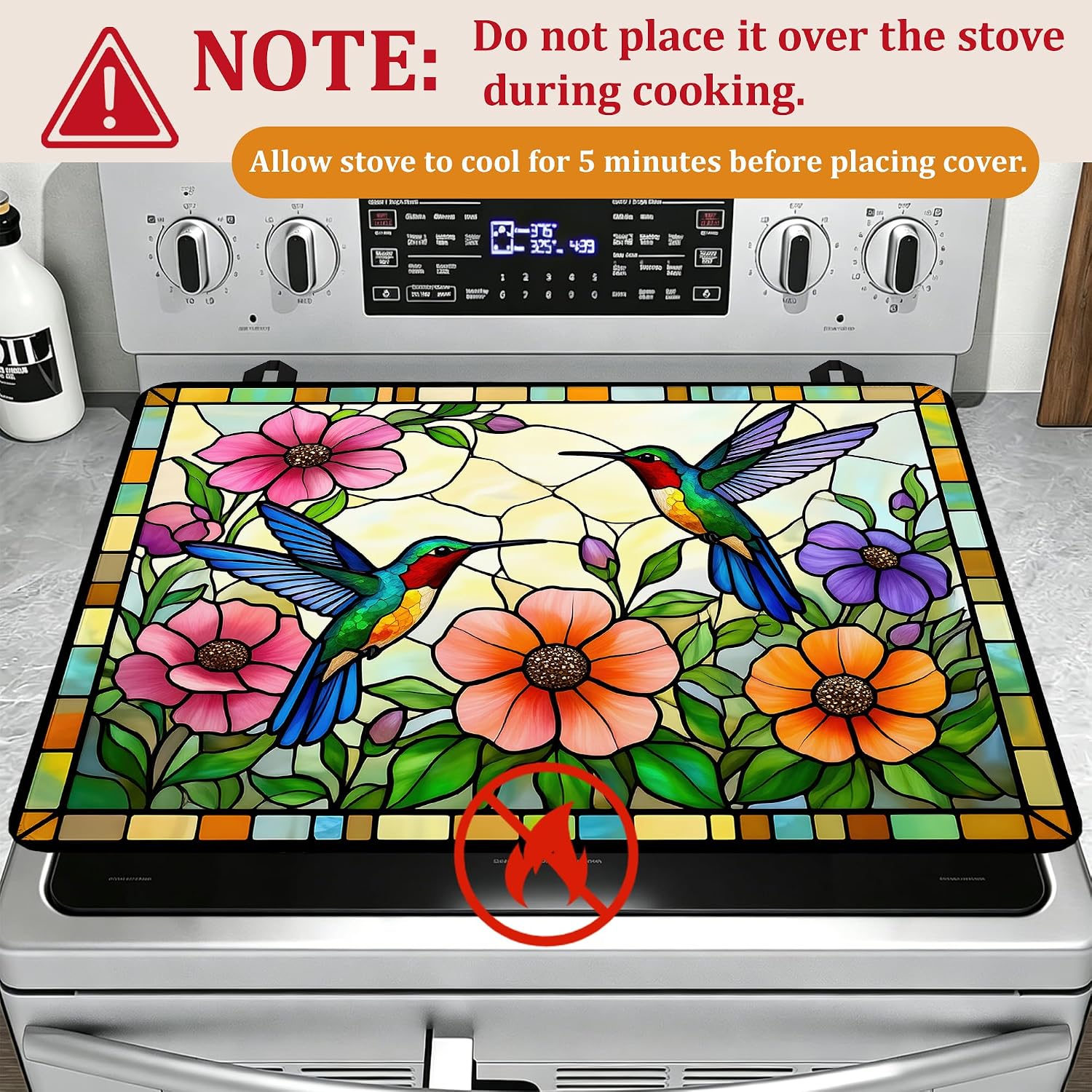 Detalle de YIKTI Vintage Hummingbird Stove Top Cover, 28 x 20 Inch, Heat-Resistant