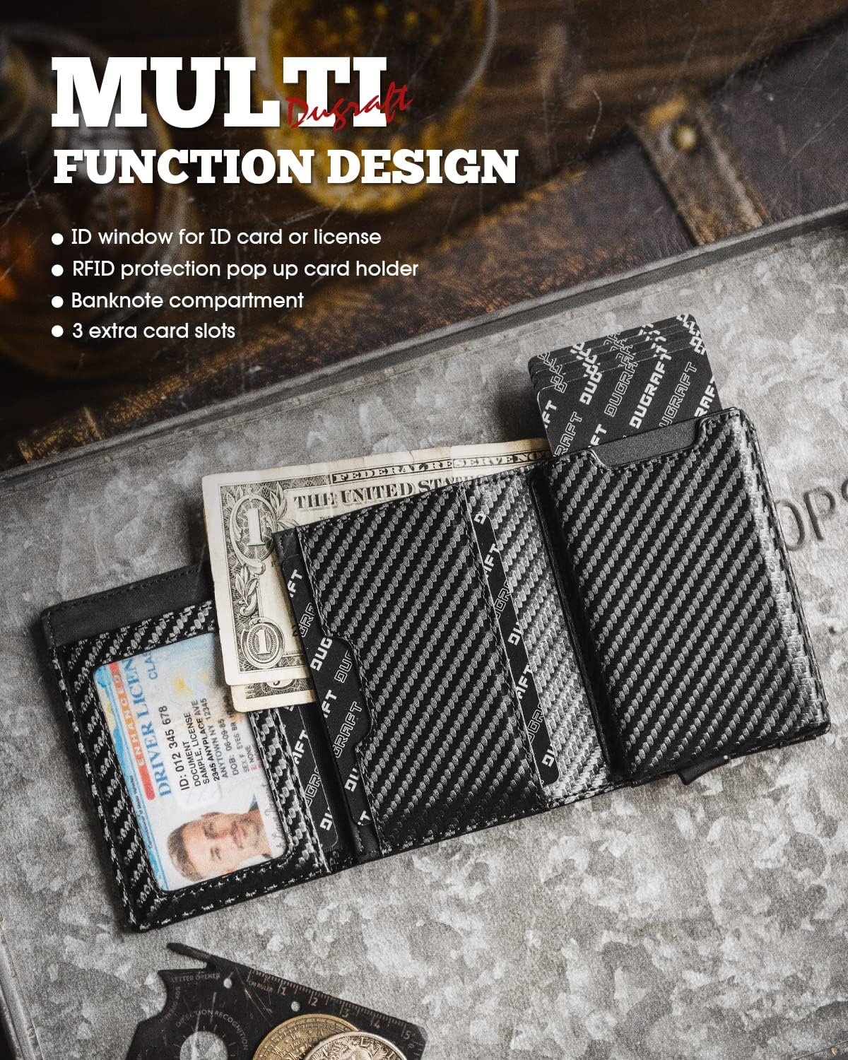 Detalle de DUGRAFT Mens Leather Wallet RFID Blocking with Pop Up Card Ejector, ID Window and 4 Extra Slots