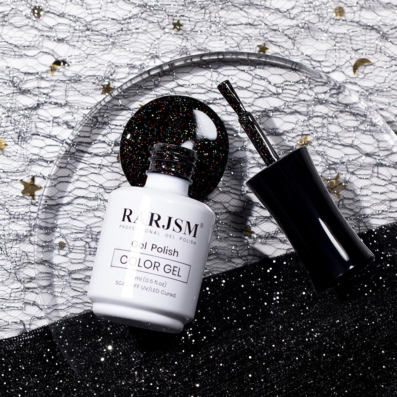 Thumbnail 3 de RARJSM Black Glitter Gel Nail Polish, Iridescent Chunky Shimmer, 15ml