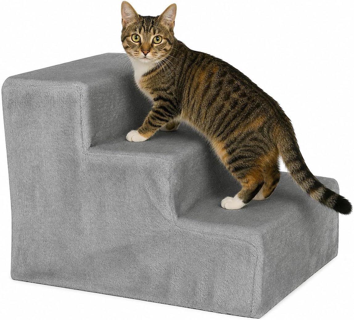 Detalle de lionto Escalier pour Animaux avec Housse en Peluche – 46x36x34 cm, cap. 50 kg, gris clair