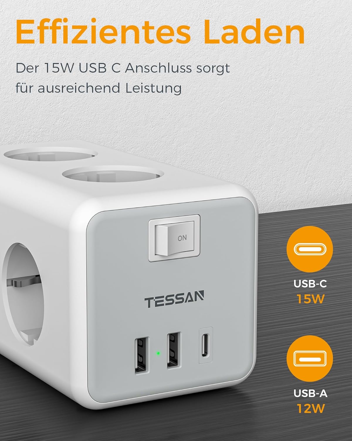Thumbnail 2 de TESSAN 9-in-1 Mehrfachsteckdose mit USB-C und USB-A, 5 m Verlängerungskabel, Wandmontage – 3600 W