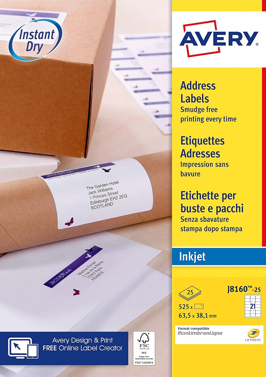 Detalle de Avery Étiquettes Autocollantes Blanches 525 Pièces 63,5 x 38,1 mm – Impression Jet d’Encre