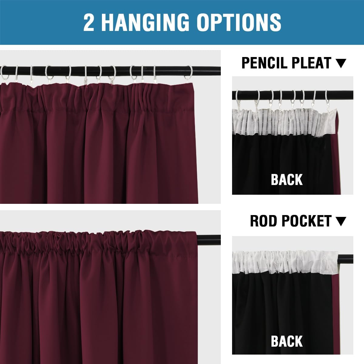 Thumbnail 2 de BellaHills 100% Blackout Curtains in Burgundy – 2 Panels, 90 x 72 Inches