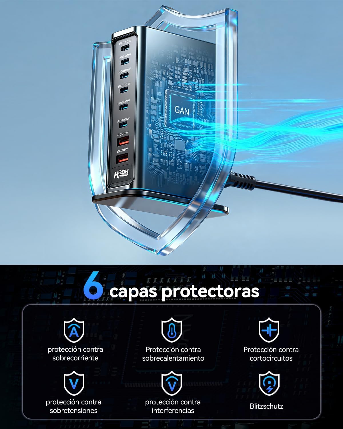 Detalle 2 de Rocoren 720W estación de carga 8 puertos ⚡