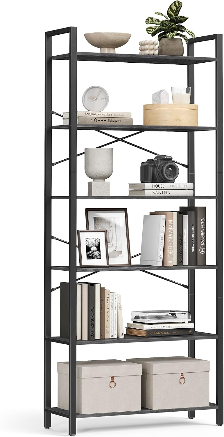Detalle de VASAGLE BARNET LLS082B56 6-Tier Bookshelf, Black Steel and Engineered Wood