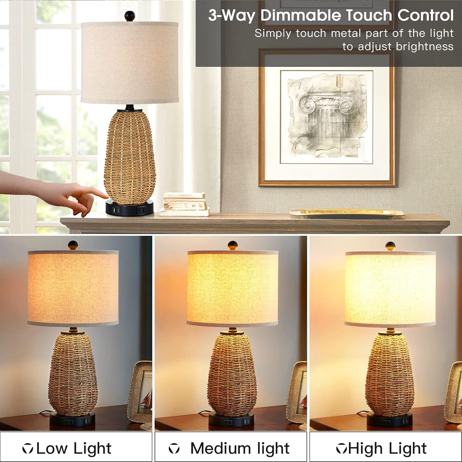 Detalle 2 de CINSARY TD-CS-65 Rattan Table Lamps, Set of 2 with Touch Dimming