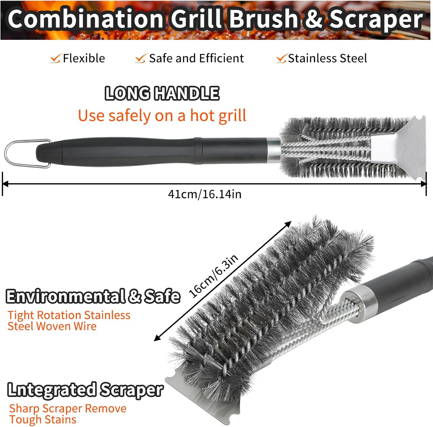 Thumbnail 1 de CNMTCCO 45cm Extra Long Grill Brush and Scraper – Stainless Steel BBQ Cleaner with 360° Bristles