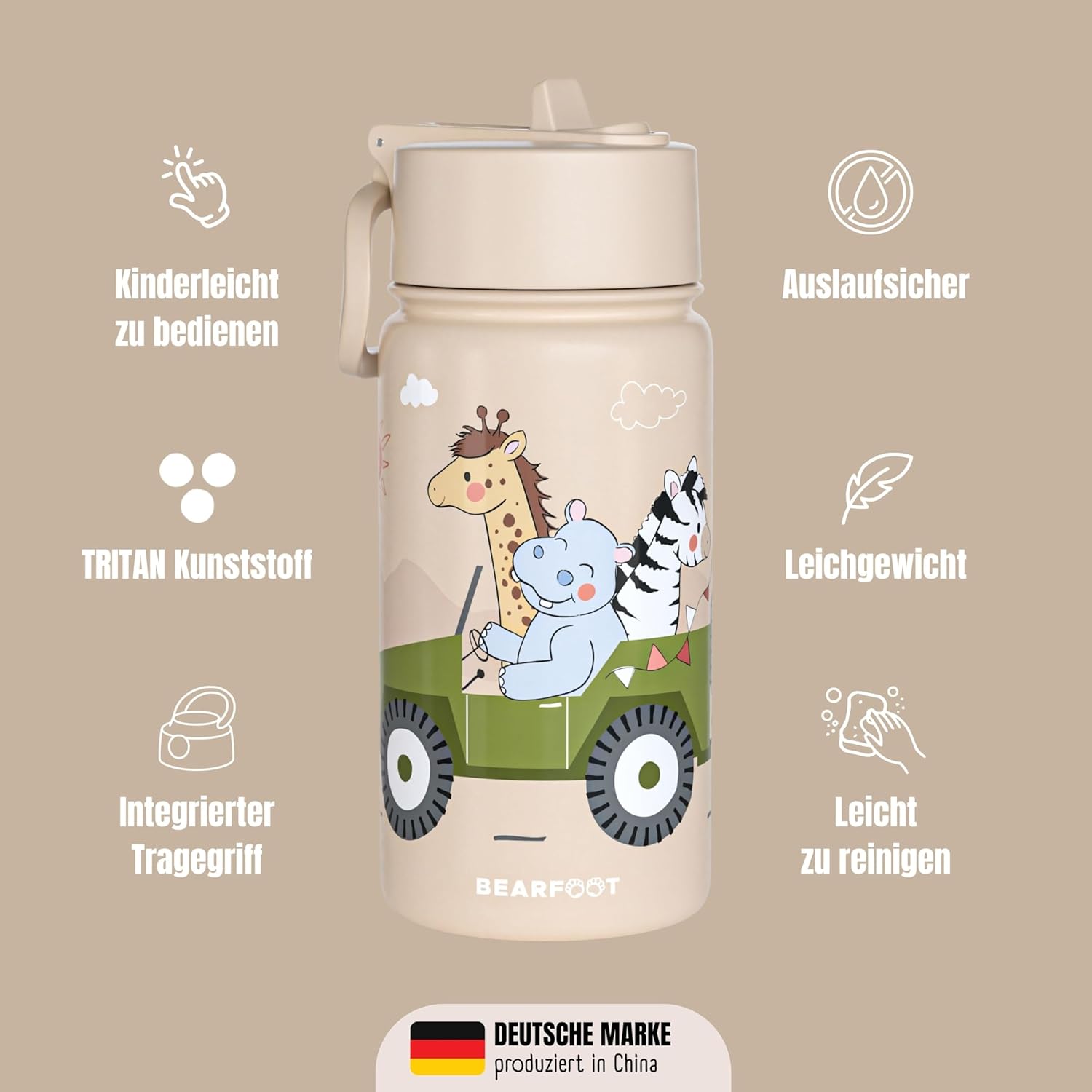 Thumbnail 2 de BEARFOOT Trinkflasche Kinder Edelstahl 400 ml mit Strohhalm – Beige Safari
