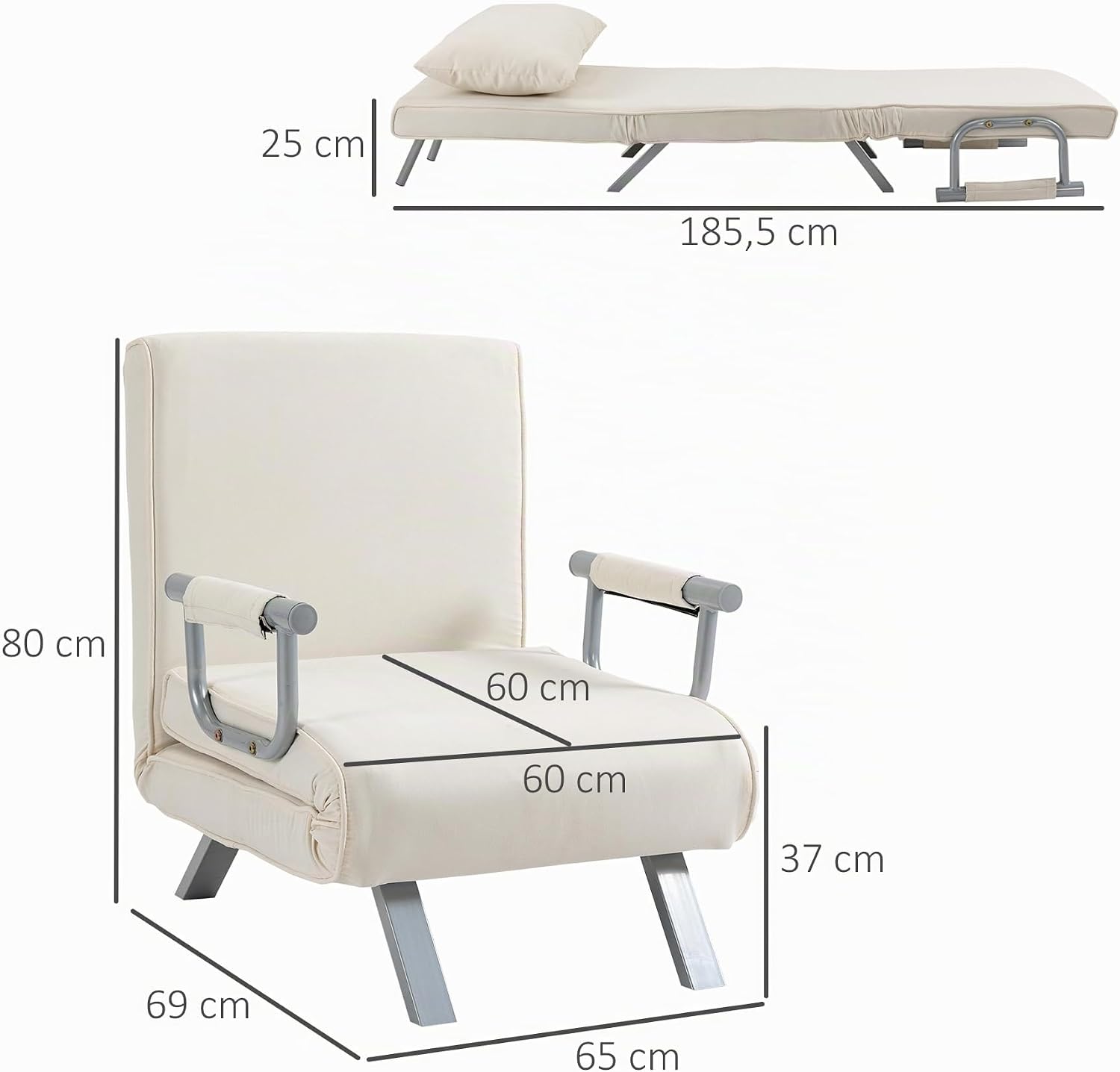 Thumbnail 2 de HOMCOM Fauteuil chauffeuse canapé-lit 1 place – Grand Confort, coussin et accoudoirs métal, revêtement suède blanc
