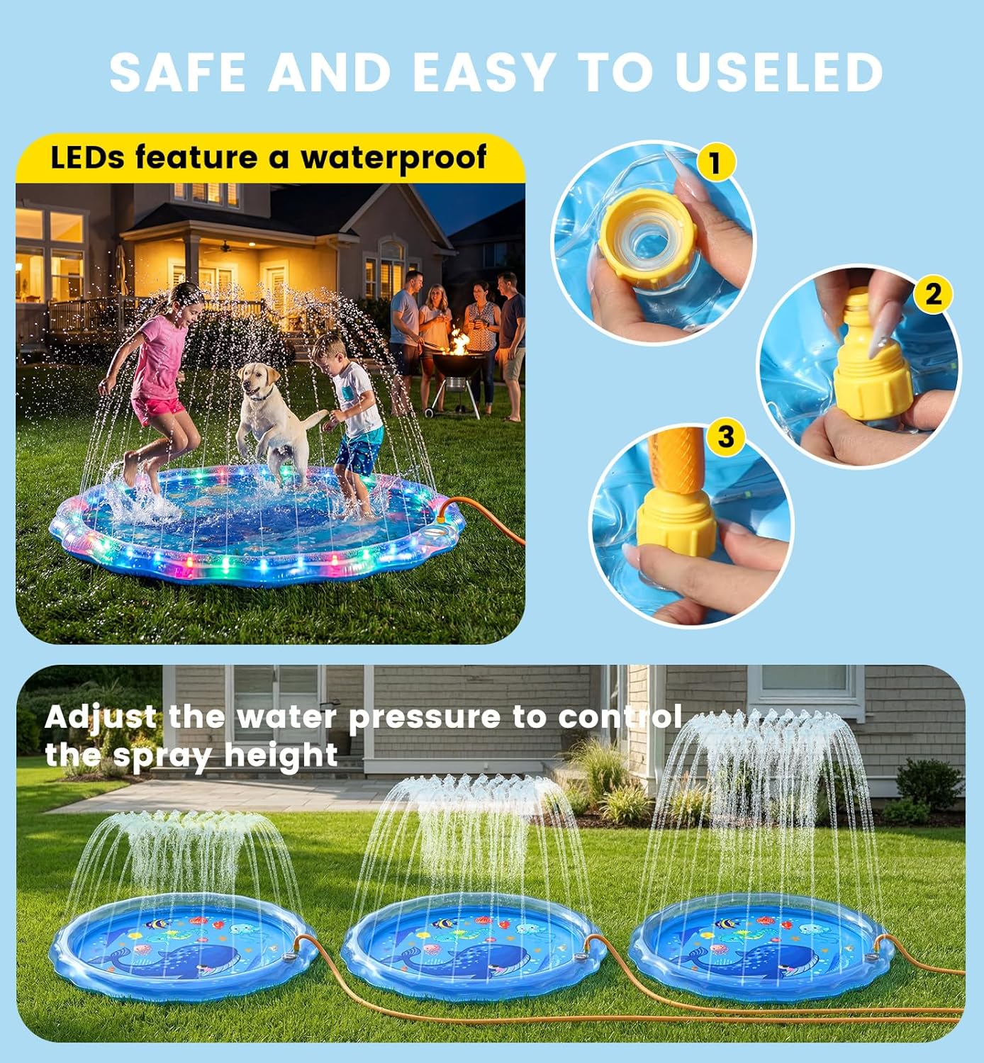 Detalle 1 de Dsquu LED Glowing Splash Pad Sprinkler (60") for Kids & Dogs with RGB Light Modes & Remote