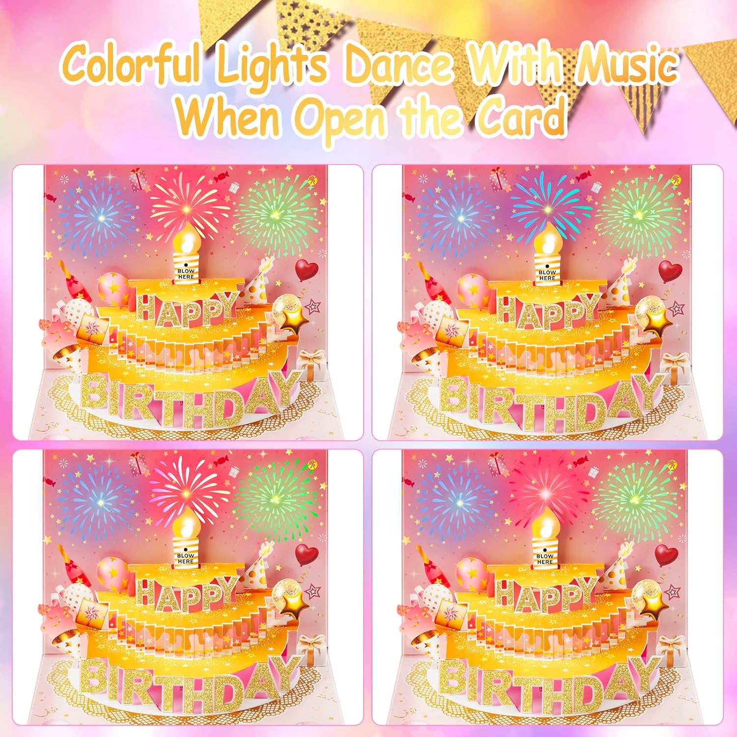 Thumbnail 1 de Carte d'anniversaire pop-up 3D avec lumières et son - bouquet lumineux 4-en-1 en rose et doré