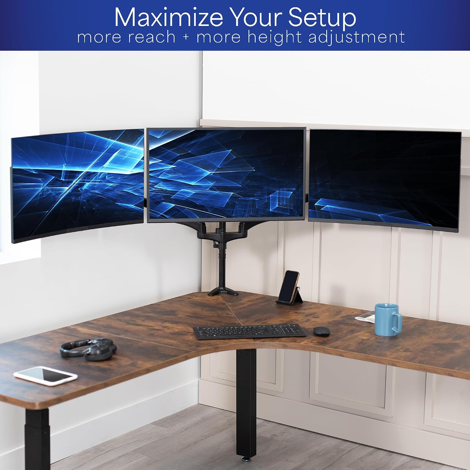 Detalle 2 de VIVO STAND-V300G: Triple Pneumatic Monitor Mount for 3 Screens (17"–32", 17.6 lbs each) with Heavy-Duty Desk Stand