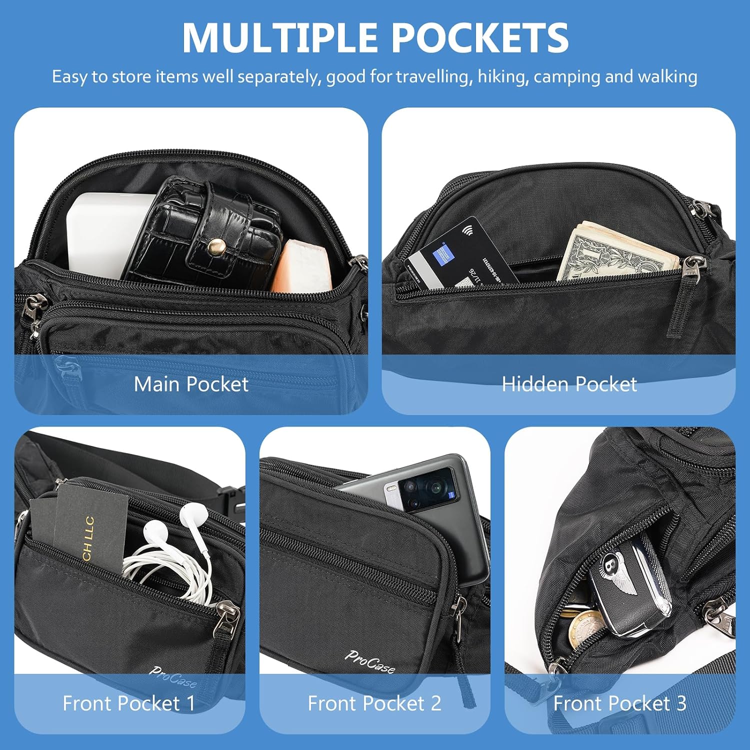 Detalle 2 de ProCase Bauchtasche Gürteltasche Wasserdicht 6 Taschen