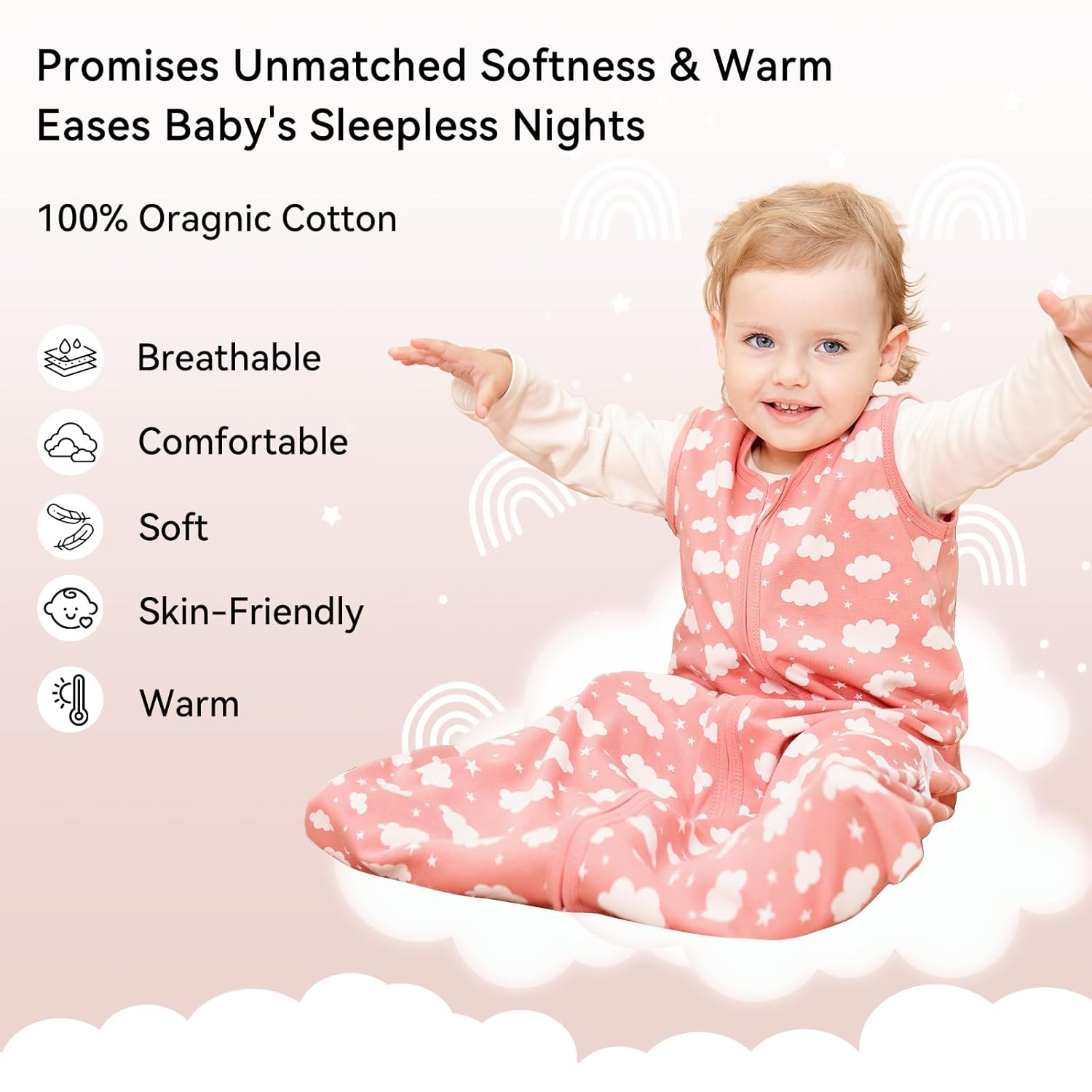 Thumbnail 1 de Unnivoll 3er Pack Schlafsack Baby Sommer 0.5 Tog 100% Baumwolle – 84 cm, Weiß/Rosa Regenbogen