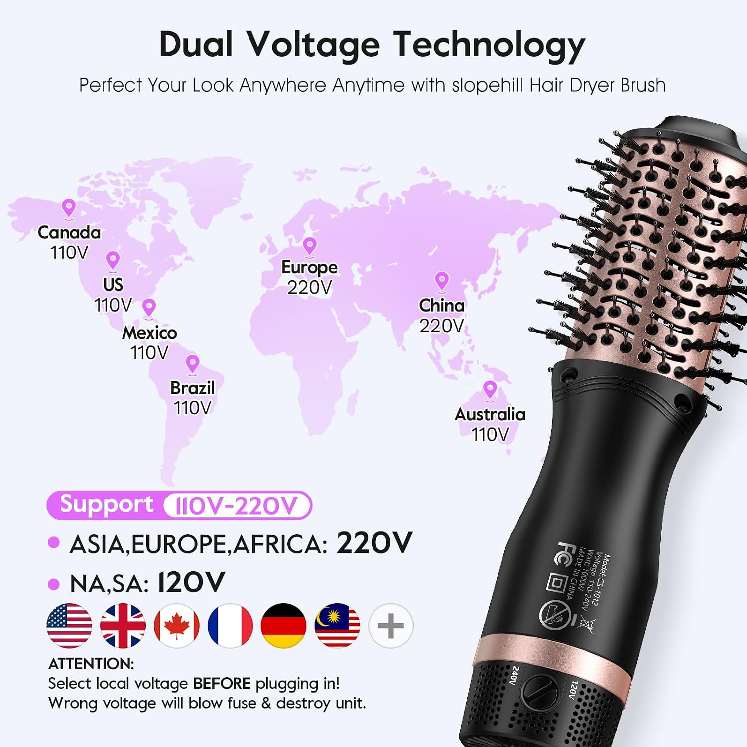 Detalle de slopehill Mini Travel Dual Voltage Hair Dryer Brush (1000W, European Plug) — Ionic Hot Air Styler for International Travel