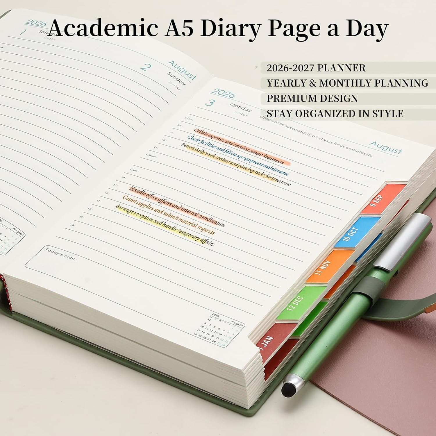 Detalle de Mcdsuc Academic Diary 2026-2027: Day-Per-Page Daily Planner with Colour Monthly Tabs (Green, Hardcover)