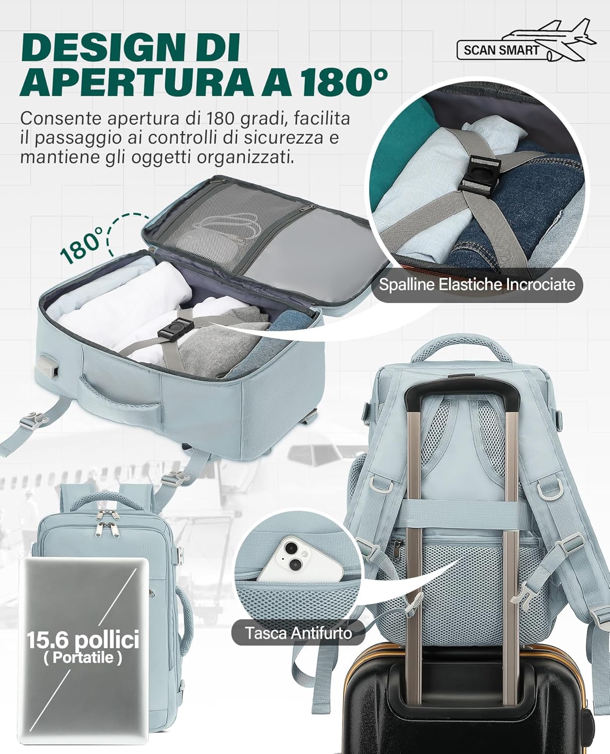 Detalle de VANKEV Zaino Easyjet 45x36x20 30L con scomparto per PC fino a 15,6" (bagaglio a mano)