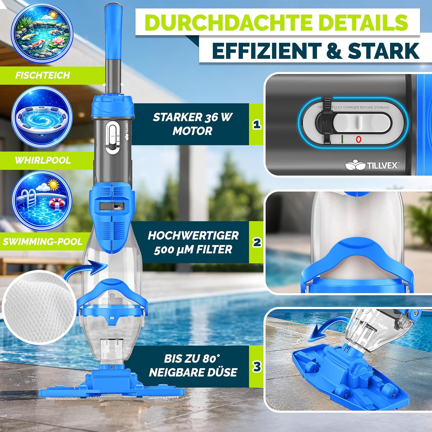 Detalle 2 de tillvex TVHPSG zwembadstofzuiger, draadloos, tot 60 minuten en 15 m³