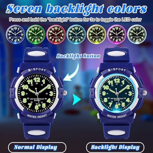 Detalle de GUUMUXIN Orologio Analogico per Bambini con Luci Colorate, Impermeabile 30M, Cinturino TPU regolabile (5-14 Anni)