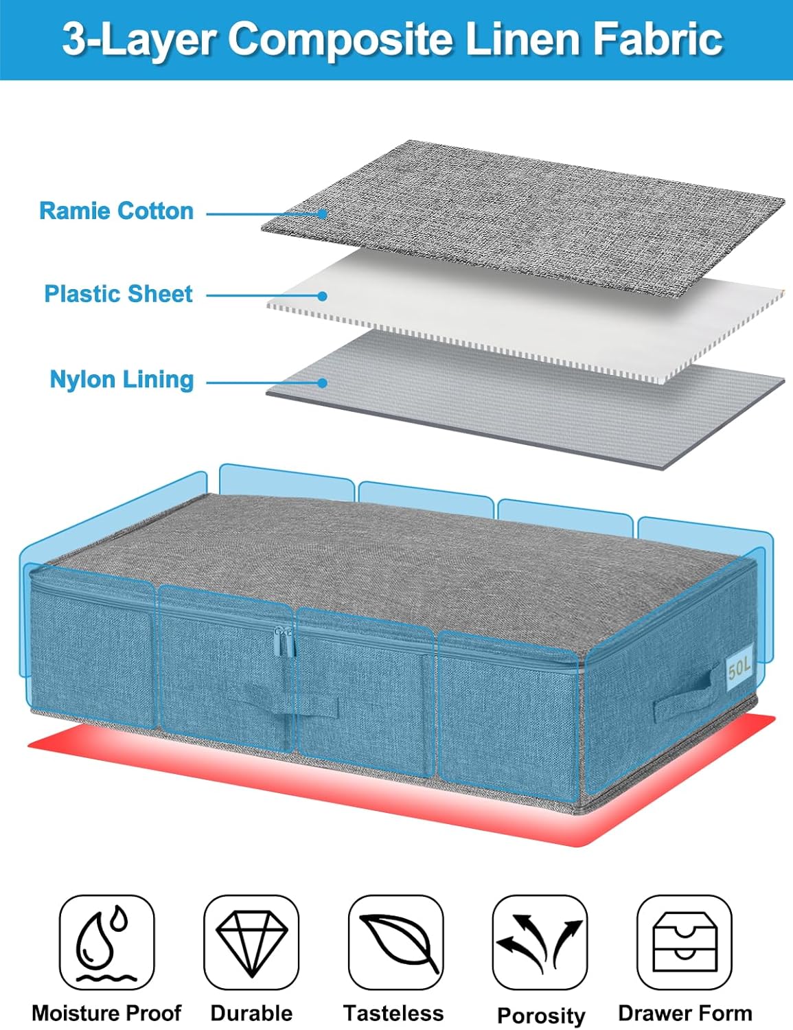 Detalle de JUPELI 17 cm High Under Bed Storage Box with Lid (50L)