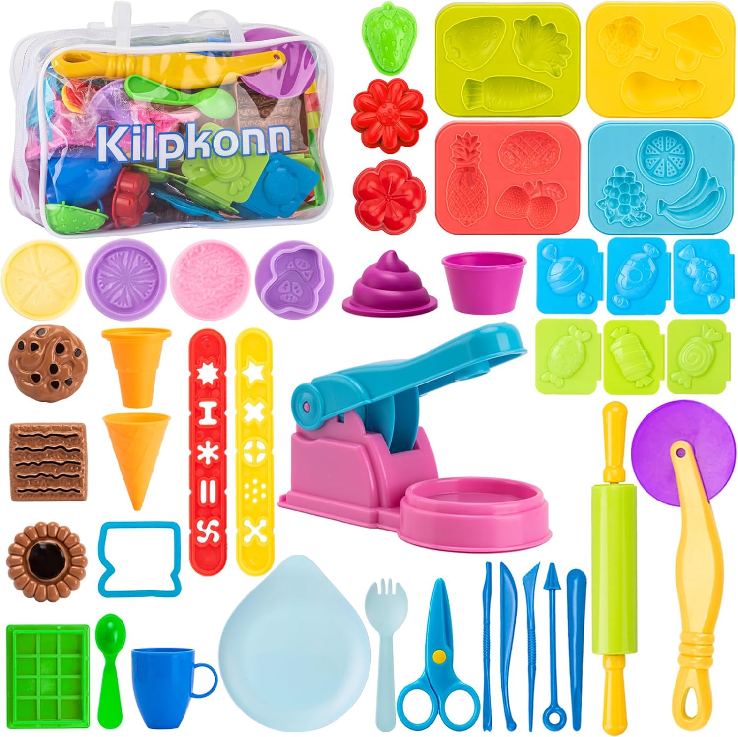 Thumbnail 6 de Kids Dough Tools Set (41 pcs) – Burger, Fries & Pizza moulds with rolling pin and storage bag