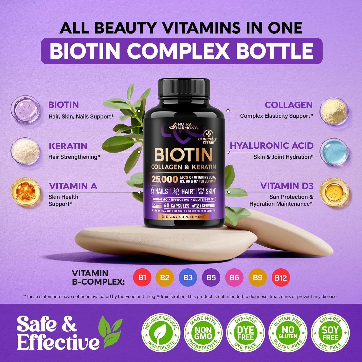 Detalle de NUTRAHARMONY BC-01 Hair, Skin & Nails Supplement with Biotin, Collagen & B-Complex