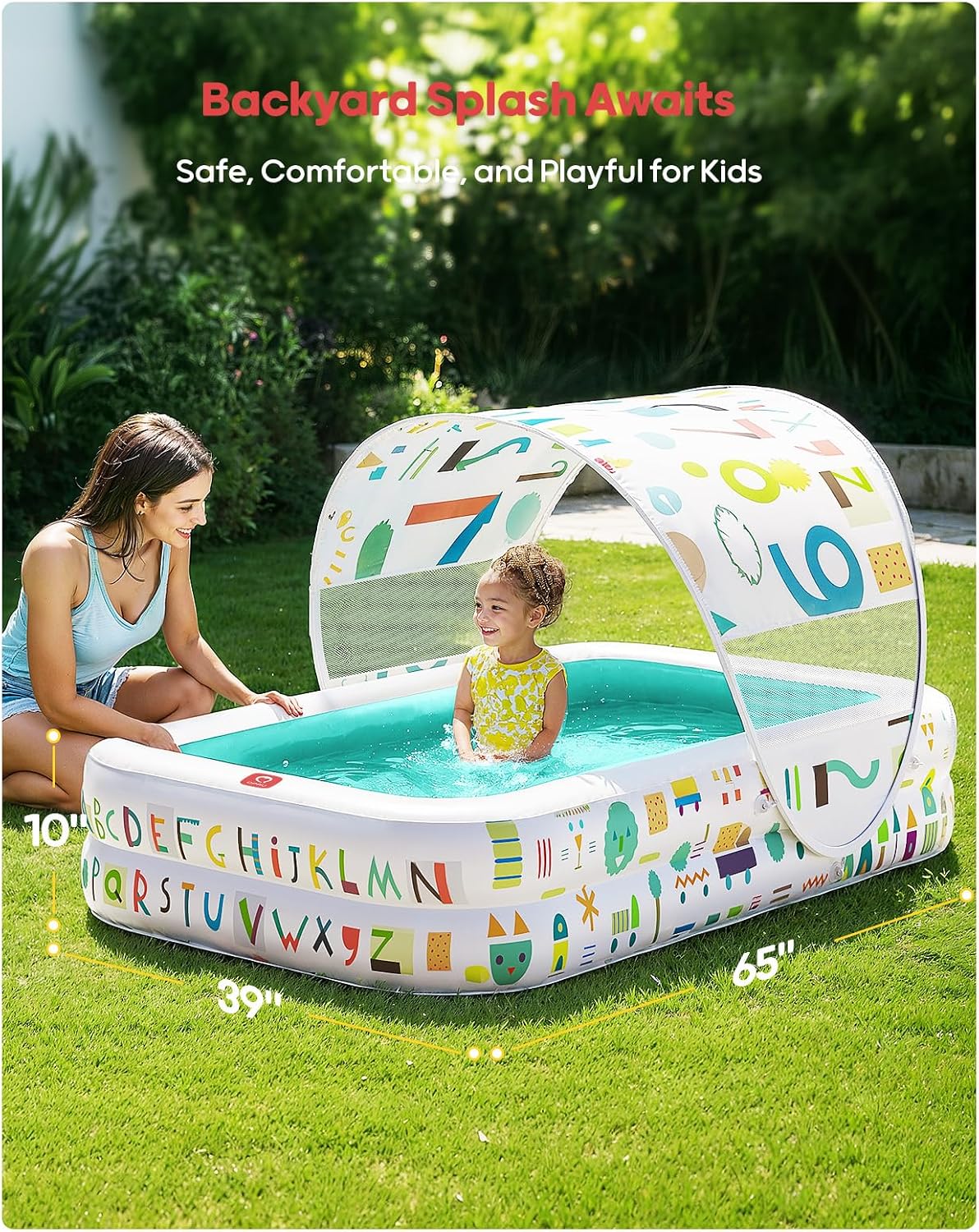 Thumbnail 1 de QPAU Kiddie Pool — 65" x 39" Inflatable Pool with Soft Floor, Canopy, and Multi-Use Play